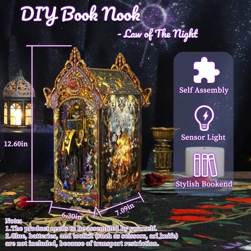 DIY Book Nook Kit Castle Miniature Dollhouse Kit, Magic Castle Bookshelf Insert Decor with Sensor LED Light, Bookend Building Set Hobbies 3D Wooden Hallisun