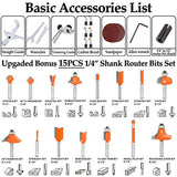 THINKWORK Compact Router, 6.5-Amp 1.25 HP Compact Wood Palm Router, Wood Trimmer with 15 pieces 1/4" Router Bits Set, 30000R/MIN THINKWORK