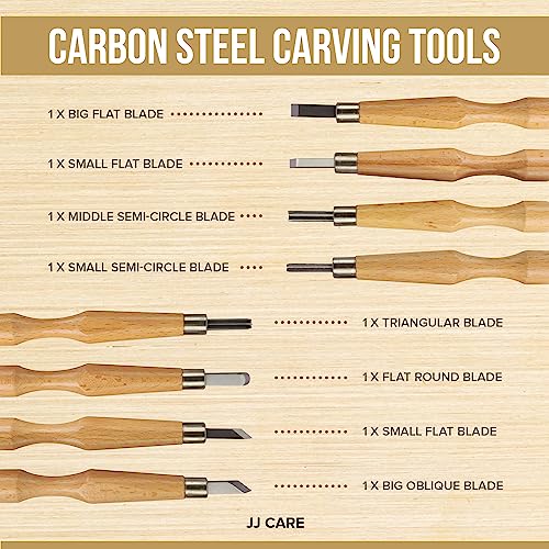 JJ CARE Wood Carving Kit [8 SK7 Carving Knives with Beechwood Handle, 10 Basswood Carving Blocks, and 1 Grinding Stone] - Beginner Wood Carving Kit, JJ CARE