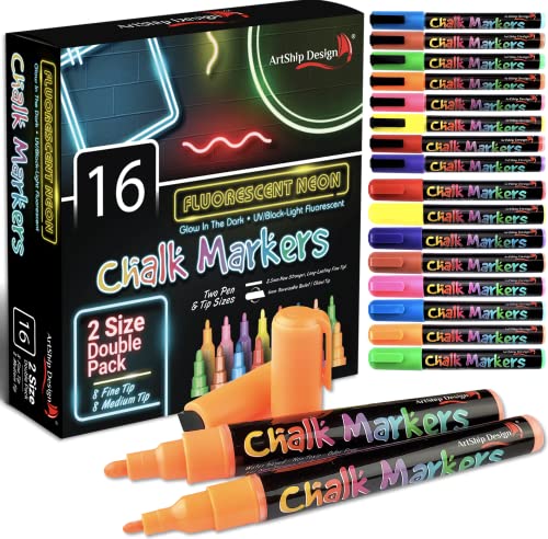 16 UV Fluorescent Neon Chalk Markers - Double Pack of Both Fine & Reversible Medium Tip Liquid Chalk Pens Wet Erasable Menu Boards, Glass, - WoodArtSupply