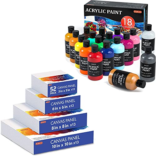 Shuttle Art Canvas Panels and Acrylic Paint Bundle, Art Painting Supplies Set for 18 Colors Acrylic Paint Bottles (240ml/8.12oz) & 52 Pack Painting Shuttle Art