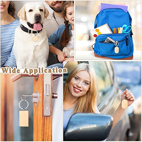 24 Pcs Wooden Keychain Blanks Wood Engraving Blanks Key Chain Unfinished Rectangle Oval Round Wood Key Tag with Plastic Storage Container for DIY Fumete