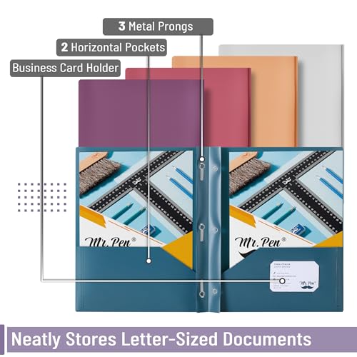 Mr. Pen- Plastic Folders with Pockets and Prong, 5 Pack, Assorted Colors, Pocket Folders, Folders with Prongs, File Folders with Fasteners, 2 Pocket Mr. Pen