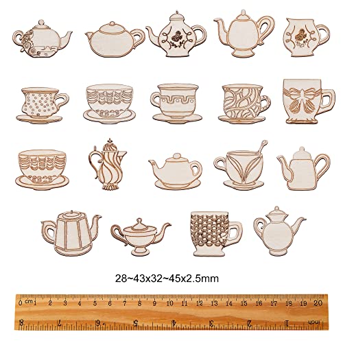 LiQunSweet 50 Pcs Wooden Cup & Teapot Cabochons Unfinished Wood Cutout Slice Pieces Embellishments for DIY Painting Project House Door Hanging