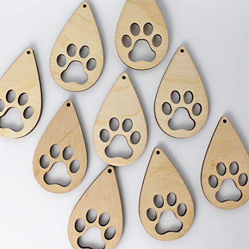 ALL SIZES BULK (12pc to 100pc) Unfinished Wood Wooden Laser Cutout Puppy Dog Paw Prints Teardrop Dangle Earring Jewelry Blanks Charms Shape Crafts Texan Wood Crafts
