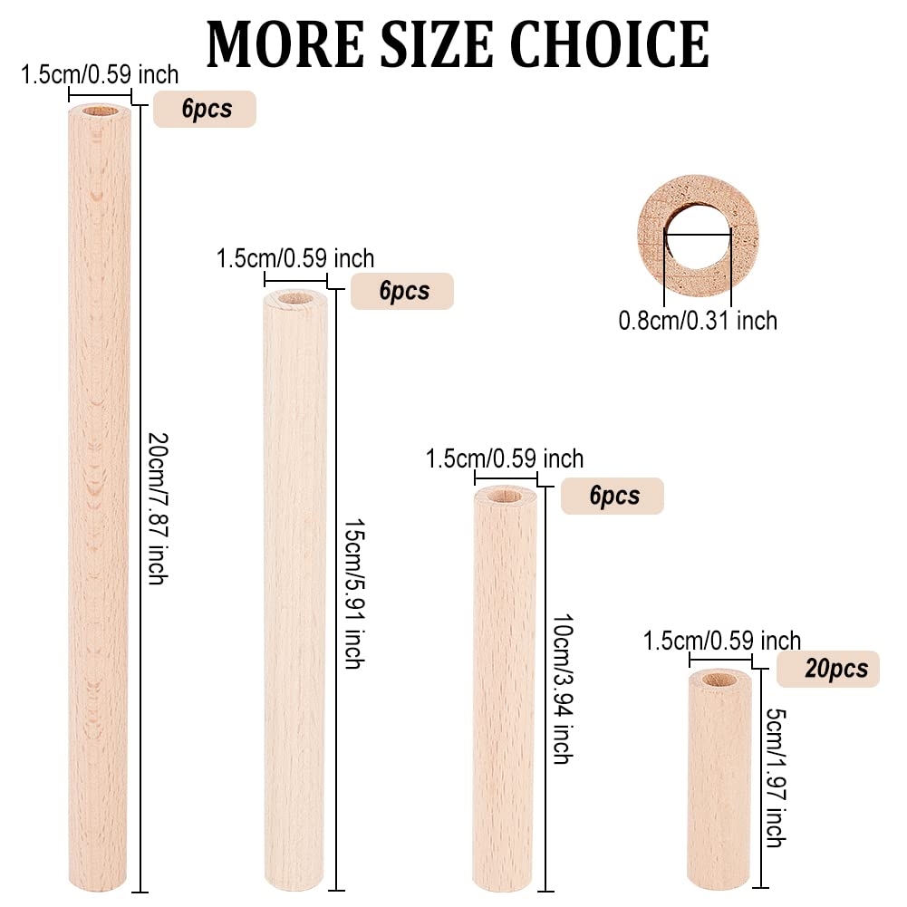 OLYCRAFT 12Pcs 7.9 Inch Hollow Wood Sticks & 38Pcs 2/3.9/5.9/7.9 Inch Round Wooden Dowel Rod with 8mm Hole Unfinished Beech Wood Rods Natural Wood OLYCRAFT