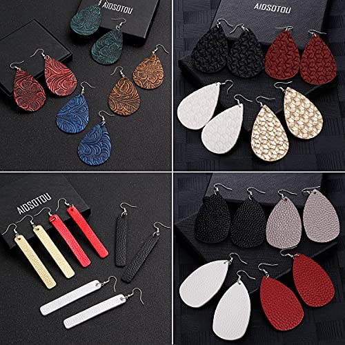 AIDSOTOU 24 Pairs Teardrop Faux Leather Earrings Set for Teens Girls Women Black and Red Animal Floral Print Leopard Print Lightweight Leather Dangle - WoodArtSupply