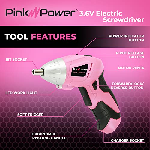 Pink Power 3.6V Cordless Electric Screwdriver Rechargeable Electronic Mini Automatic Gyroscopic Screw Gun Kit for Home - with Battery Indicator LED - WoodArtSupply