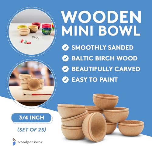 Unfinished Wood Mini Bowl, 3/4 inch, Perfect for Scale Models, Dollhouse Dishes, Wood Craft Projects, and Sorting Activity, Pack of 25, by