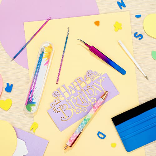 8 Pieces Pin Pen Weeding Tool Vinyl Weeding Tool with Rainbow Retractable Air Release Pen and Refill Vinyl Squeegee Vinyl Tweezers Weeders for Chumia