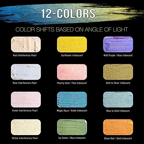 U.S. Art Supply Professional 12 Color Set of Iridescent Acrylic Paint, Large 75ml Tubes - Luminescent Special Effect Chameleon Color-Shifting Pearl