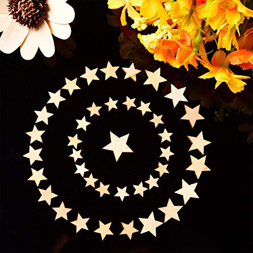 DERAYEE 100 Pcs Unfinished Wooden Stars Ornaments, Assorted Size Cutout Blank Wood Pieces Star for Christmas Wedding Party DIY Crafts DERAYEE