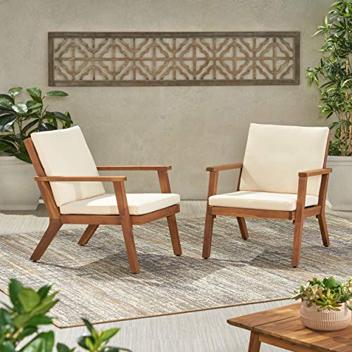 Christopher Knight Home Carlos Outdoor Acacia Wood Club Chairs with Cushions (Set of 2), Brown Patina Finish, Cream - WoodArtSupply