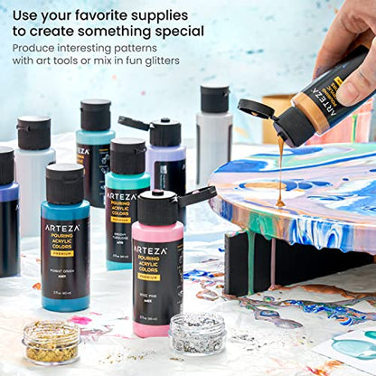 Arteza Acrylic Pouring Paint Kit, 14 Glossy Colors — 8 Pastel & Bright, 3 Iridescent, 3 Metallic, 2 x Stretched Canvas, 2 Wooden Slices, Glitter, and