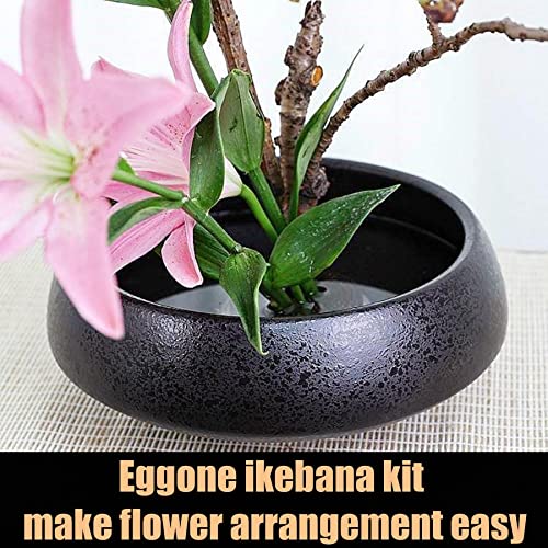 Japanese Ikebana Vase Kit, Flower Shallow Container Ceramics Flower Bowl Flower Arrangement Vase with 1.57inch Flower Frog and 2 in 1 Kenzan Needle Eggone