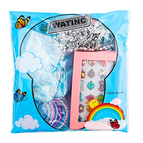 WATINC 42Pcs Princess Pretend Jewelry Toy Girl’s Jewelry Dress Up Play Set Included Blue Shiny Handbag Necklaces Adjustable Diamond Rings Bracelets WATINC
