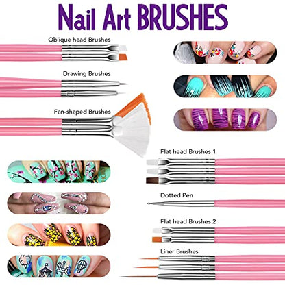 Nail Art Brushes Set, FANDAMEI Nail Art Kit, Nail Design Kit, Nail Art Dotting Pens, Nail Stickers, Butterfly Nail Art Sequins, Nail Foils, Nail Art