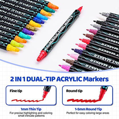 24 Colors Acrylic Paint Pens,Dual Tip Acrylic Paint Markers with Brush Tip and Fine Tip,Acrylic Paint Markers for Wood, Canvas, Stone, Rock Painting,