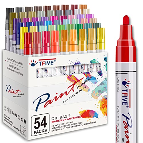 TFIVE Paint Markers Pens - 54 Colors Medium Tip Paint Markers, Permanent, Waterproof & Quick Dry, Paint Pen for Metal, Wood, Fabric, Plastic, Rock TFIVE