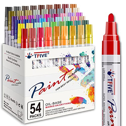 TFIVE Paint Markers Pens - 54 Colors Medium Tip Paint Markers, Permanent, Waterproof & Quick Dry, Paint Pen for Metal, Wood, Fabric, Plastic, Rock - WoodArtSupply