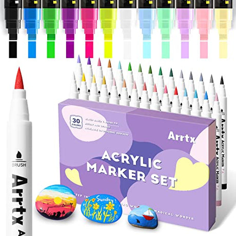 Bundle of Arrtx 30 Colors Acrylic Paint Pens with Arrtx Acrylic Jumbo Markers 10mm Broad Tips 12 Colors for Stone, Glass, Easter Egg, Wood and Fabric Arrtx