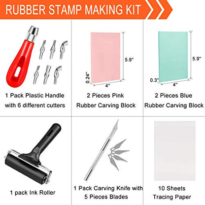 Hakkin 26Pcs Rubber Stamp Making Kit, Block Printing Starter Tool Kit, Linoleum Cutter with 6 Type Blades, Rubber Carving Block, Tracing Paper,