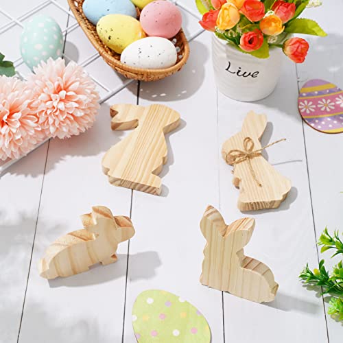 Whaline 8Pcs Easter Wooden Bunny Cutouts 4 Designs Unfinished Bunny Table Sign Pine Blank Wood Bunny Freestanding with Hemp Rope for Easter Spring