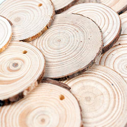 JOHOUSE Natural Wood Slices, 40PCS 2.8"-3.1" Unfinished Natural Wood Slices Circles with Hole Wooden Circles, 32.8ft Hemp Rope, DIY Craft Christmas