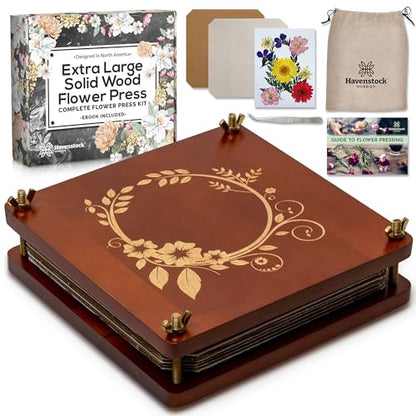 Large Wooden Flower Pressing Kit with Dried Flowers - 10 Layers - DIY Solid Maple Arts and Crafts for Adults with Storage Bag - 10x10 inches - WoodArtSupply