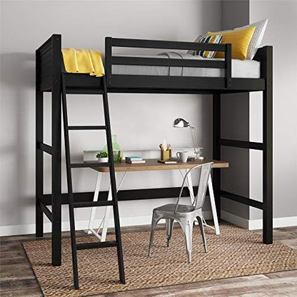 DHP Moon Bay Black Wooden Loft Bed for Kids - Twin Size with Ladder and Guardrails - WoodArtSupply