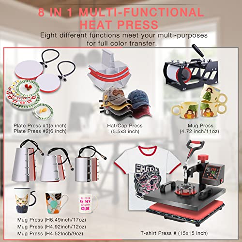 OIIEE Heat Press Machine 8 in 1 Combo Heat Press 15 x 15 Inch Heat Transfer Machine 360-Degree Swing Away Digital Shirt Printing Multifunction Heat oiiee
