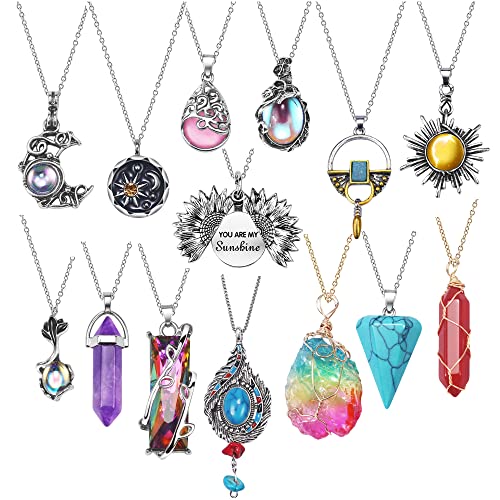 SUNNYOUTH 14 Pcs Vintage Crystal Pendant Necklaces for Women Girls Chakra Healing Carnelian Necklace Bohemian Retro Sunflower Necklace Sun and Moon SUNNYOUTH