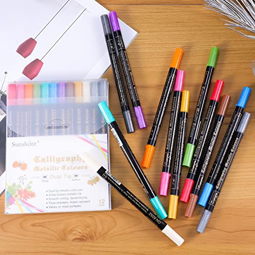 Sunshilor Calligraphy Metallic Marker Pens Dual Tip Chisel and Medium Point Pens for Black Paper, Rock Painting, Easter Egg, Halloween Pumpkin, Card - WoodArtSupply