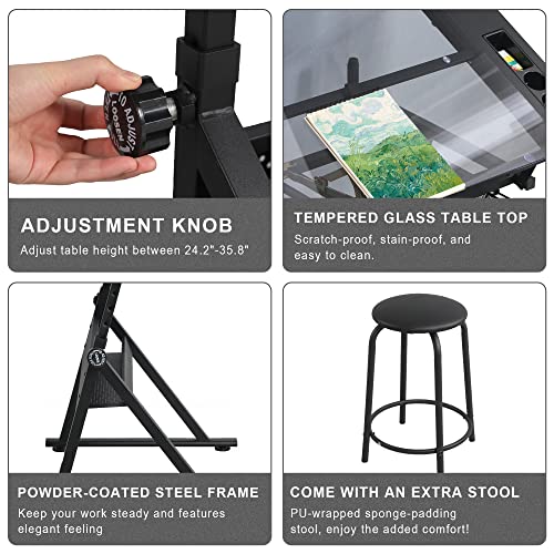 LifeSky Adjustable Glass Drafting Table - Height Adjustable Temped Glass Artists Drawing Table with Storage - Art Craft Desk Workstation for Adults - WoodArtSupply