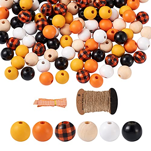 Craftdady 120pcs Natural Wood Beads 16mm Smooth Printed Wooden Loose Beads Unfinished Round Beads with Jute Twine Plaid Ribbon for DIY Jewelry Crafts Craftdady