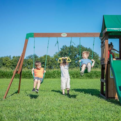 Backyard Discovery Lakewood Cedar Wood Swing Set, Covered Upper Deck with White Trim Window, Slide with Rails, Lower Fort Area with Door and Attached - WoodArtSupply