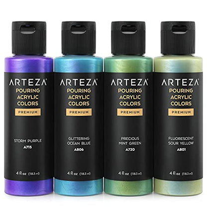 ARTEZA Iridescent Acrylic Paint, Set of 4, Vibrant Tones, 4 fl oz Bottles,  High-Flow Pouring Paint, Art Supplies for Canvas, Glass, Wood, Ceramics