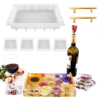 Resin Tray Molds Silicone, 13.5" Large Deep Rectangle Molds for Resin with 4pcs Coasters Mold, Epoxy Resin Casting Molds for DIY Flowers Preservation