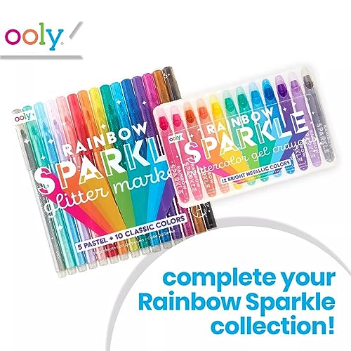 Ooly Rainbow Sparkle Gel Crayons for Kids and Adults - Set of 12 Watercolor Glitter Markers for Glass and Paper Surfaces with Clear Plastic Crayon