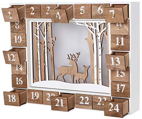 BRUBAKER Reusable Wooden Advent Calendar to Fill - White Winter Landscape with LED Lighting - DIY Christmas Calendar 13.98 x 2.36 x 10.63 inches BRUBAKER