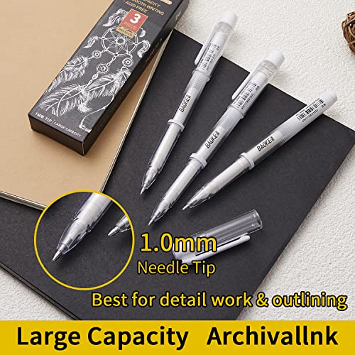 dainayw White Gel Pen Set, 0.8 mm Nibs Gel Ink Pens, Also includes Gold and  Silver, White Rollerball Pens for Black Paper Drawing, Sketching
