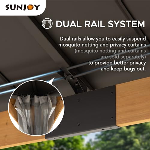 Sunjoy 12 x 20 ft. Wood Gazebo, Outdoor Patio Steel Hardtop Gazebo, Cedar Framed Wooden Gazebo with 2-Tier Metal Roof, Suitable for Patios, Lawn and