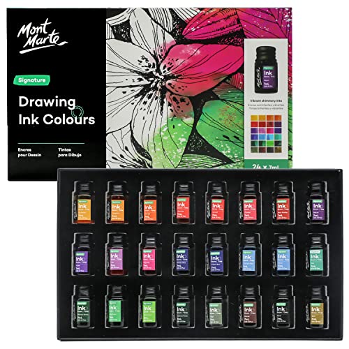 Mont Marte Drawing Ink Colors Signature 24pc x 0.24 US fl.oz (7ml), Art Set Includes Vibrant Ink Colors, for Illustration, Calligraphy, Scrapbooking. - WoodArtSupply