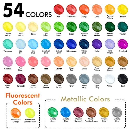 54 Colors Acrylic Paint, Shuttle Art Acrylic Paint set with 12 Paint Brushes, 2oz/60ml Bottles, Rich Pigmented, Water Proof, Premium Paints for - WoodArtSupply