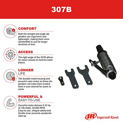 Ingersoll Rand 307B 1/4” Air Die Grinder, Straight, 28,000 RPM, 0.25 HP, Ball Bearing Construction, Safety Lock, Aluminum Housing, Lightweight Power - WoodArtSupply