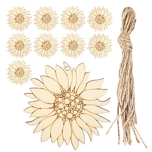 EXCEART 10 Pcs Unfinished Sunflower Wood Cutout Blank Wood Sunflower Slice with Twine for DIY Craft Spring - WoodArtSupply