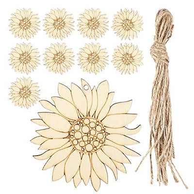 EXCEART 10 Pcs Unfinished Sunflower Wood Cutout Blank Wood Sunflower Slice with Twine for DIY Craft Spring