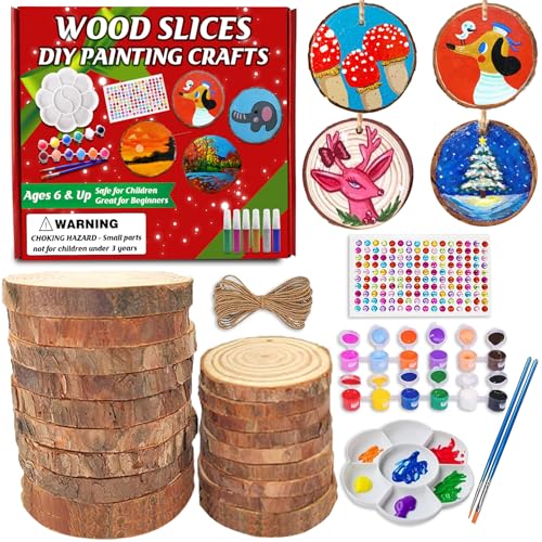Honbuaty Natural Wood Slices, Wooden Arts and Crafts Kit for Kids Adults, 20Pcs 3.2-4.4 inch Unfinished Wood Slices Painting Kits Wooden Circles for