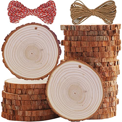 SENMUT Wood Slices 20 Pcs 3.5-4.0 inch Natural Rounds Unfinished Wooden Circles Christmas Wood Ornaments for Crafts Wood Kit Predrilled with Hole