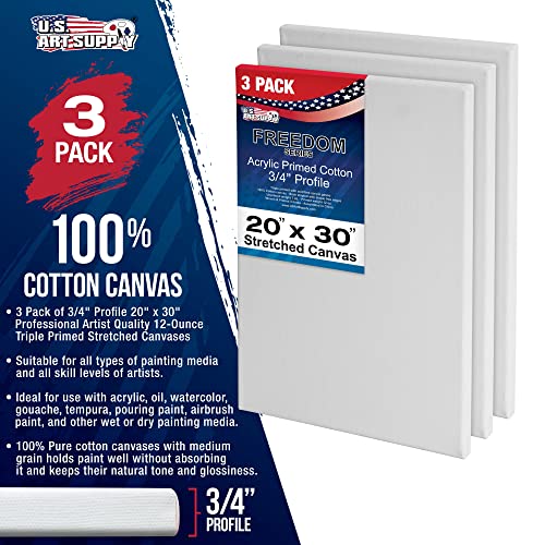 U.S. Art Supply 20 x 30 inch Stretched Canvas 12-Ounce Triple Primed, 3-Pack - Professional Artist Quality White Blank 3/4" Profile, 100% Cotton, U.S. Art Supply